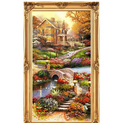 歐式玄關(guān)裝飾畫山水過道招財風(fēng)水靠山寶盆山豎版美式掛畫油畫壁畫